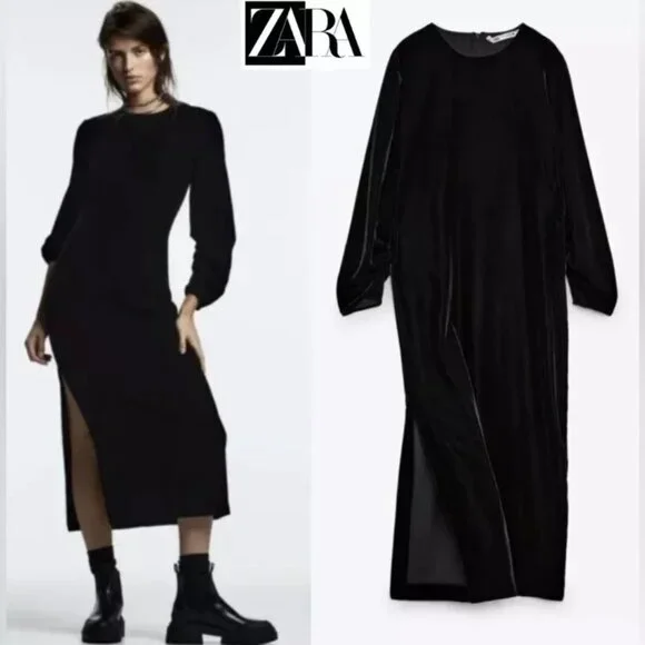 Zara Velvet Burnout Modesty Goth Draped Slit Maxi Dress Black Womens Size Small - Picture 4 of 14